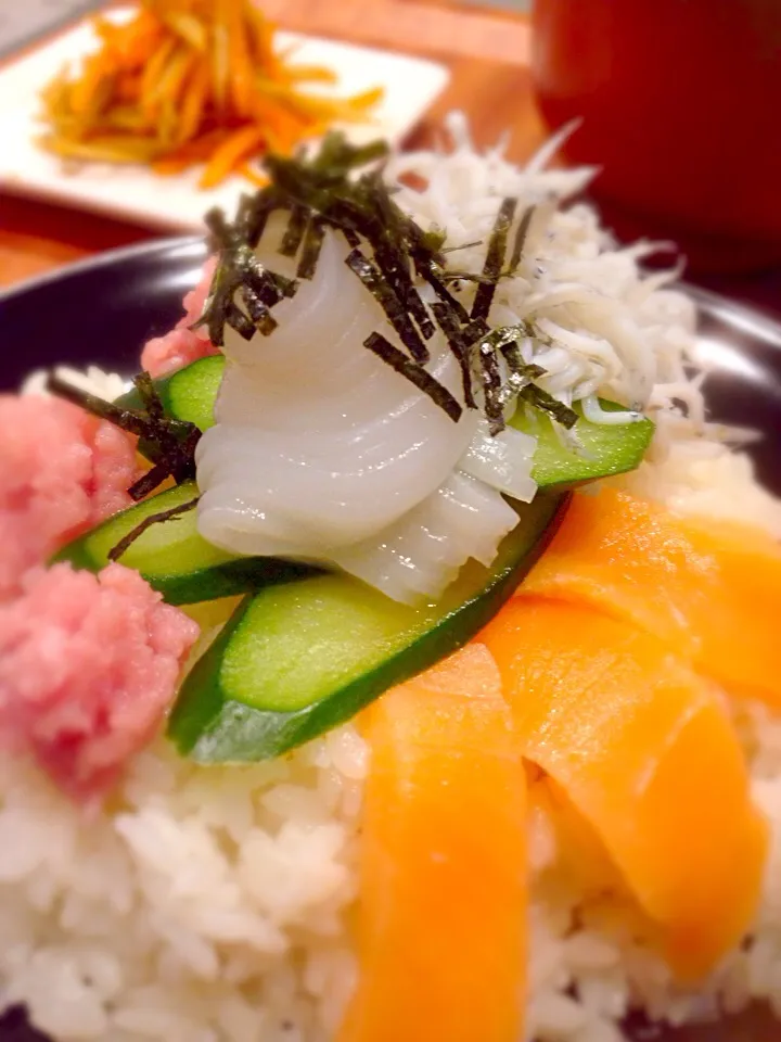 暑い日はさっぱり酢飯で海鮮丼
まぐろすきみ しらす いか サーモン|Hirabayashi Kazueさん