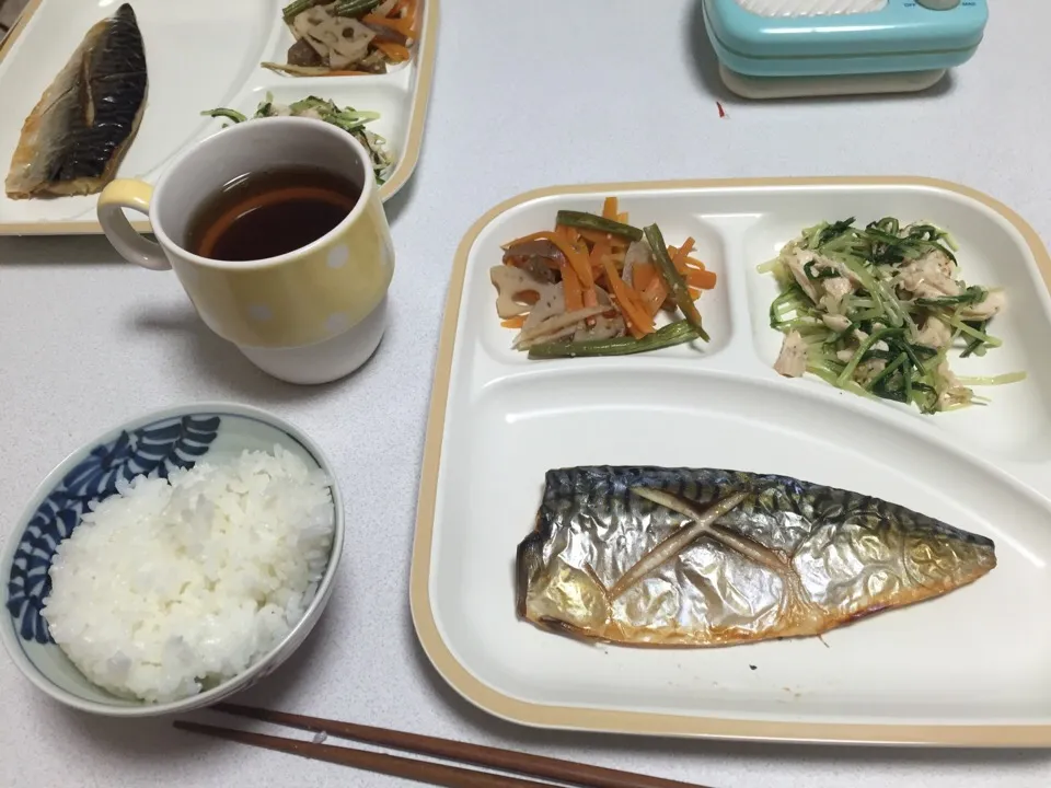 鯖の塩焼き、ゴボウとレンコンのきんぴら、ささみと水菜の梅あえ|くも ひばりんさん