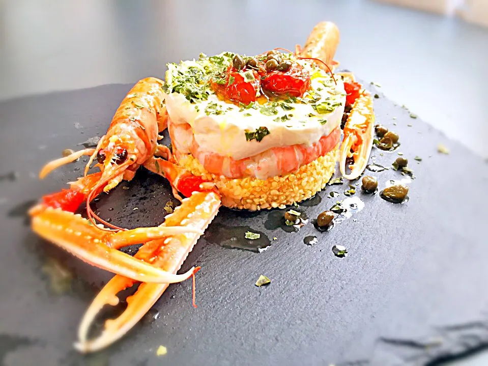 Sicilian Scampi with Wheat berries, Burrata, Capers & Roasted Tomatoes|laura giardinaさん