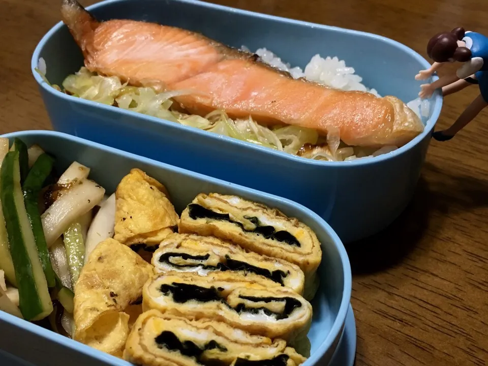 久しぶりのお魚弁当！焼きじゃけ！卵焼きが油揚げに見える（下手くそ）|もっつぁさん