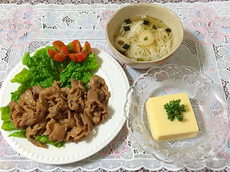 🌺豚肉の焼肉味
🌺玉子豆腐
🌺温そうめん|Kii mamaさん