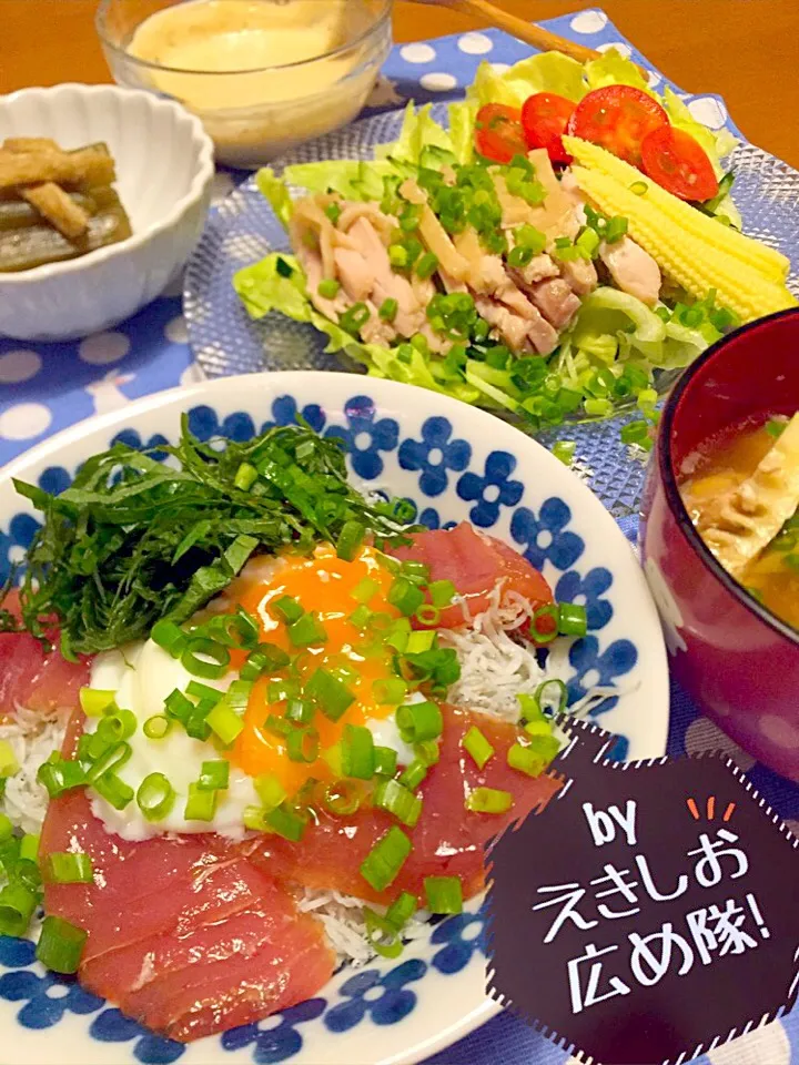 暑い日でもラクラクお料理🎵
シラスと漬け鮪の丼 
レンチン鶏のサラダ|Miki (^_−)−☆さん