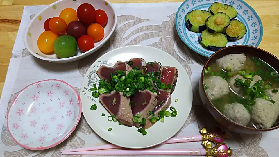 鰹のたたき
茄子の揚げ浸し
ミニトマト
鯵のつみれ汁|めぐさん