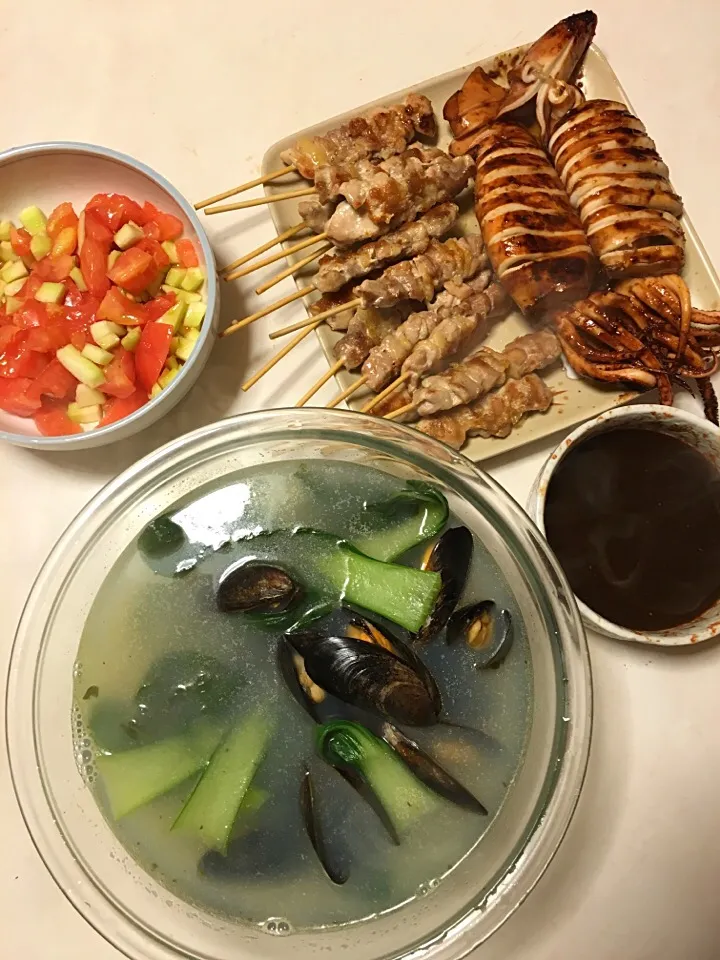 Tinolang tahong.. Mango salsa .. Inihaw na pusit yakitori|bowssyさん