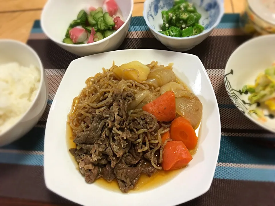 肉じゃが&たこ酢&オクラ和え&
白菜と紫蘇のお漬物。|タッちゃんさん