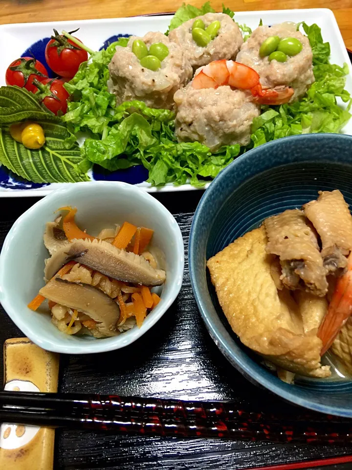 皮なしジャンボしゅうまい、厚揚げ煮物、姫作🙋🏻の大根干し煮物を加えて晩ご飯です|keikoさん