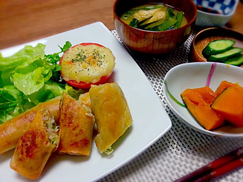 ☆野菜たっぷり春巻き
☆かぼちゃの塩麹煮
☆きゅうりの塩麹漬け
☆小松菜と油揚げのお味噌汁|なべちゃんさん