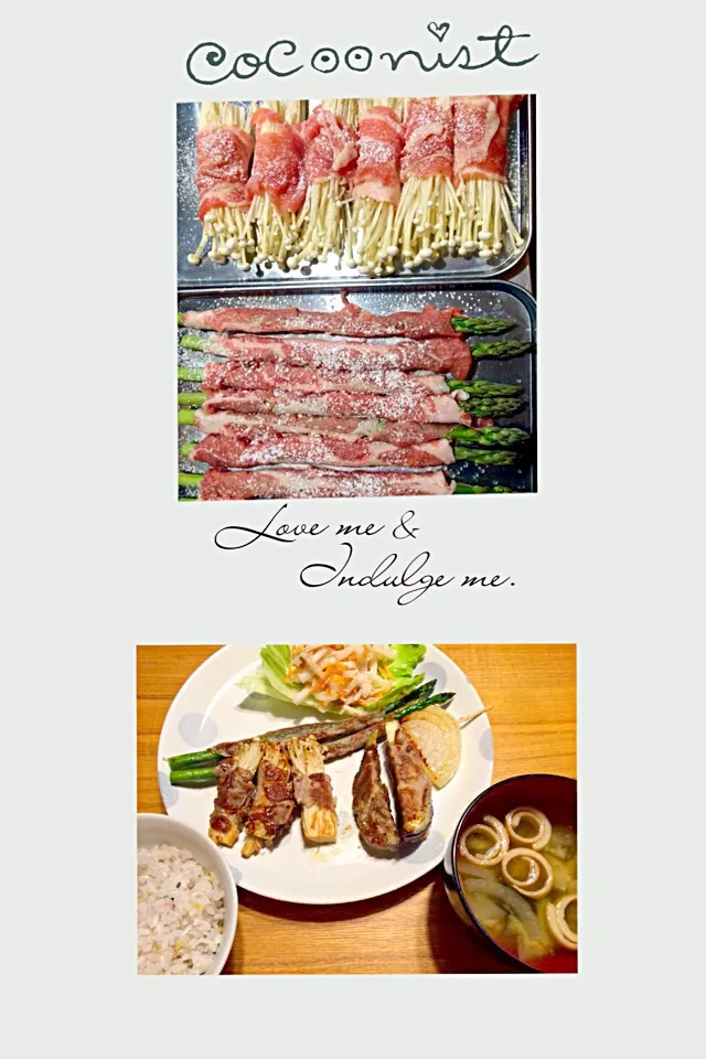 Snapdishの料理写真:旬の野菜の肉巻き3種盛り&新玉ねぎのソテー&大根とツナのサラダ|pigmegさん