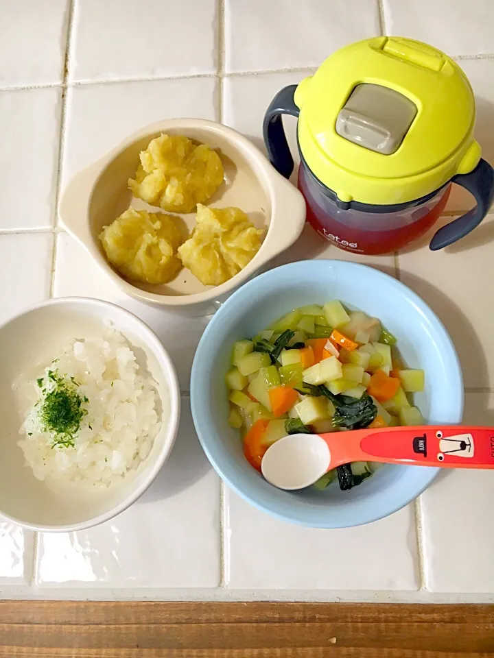 離乳食 後期 朝ごはん
＊青のりごはん
＊野菜とお麩の出汁煮
＊さつまりんごのきんつば|さとみさん