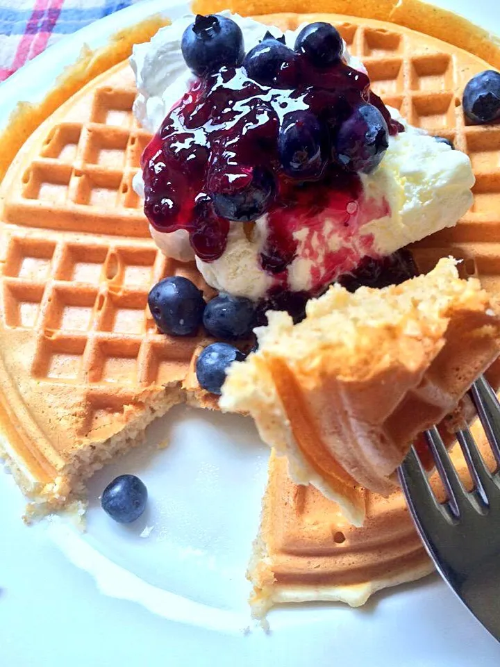 今日のおやつはワッフルです🍴

生クリームとバニラアイスと
ブルーベリー(｡ ｰ`ωｰ´)✧

ブルーベリーは私の家の畑で採れたものを使っています！！ブルーベリーソースはもちろん私の手作りです。

やっぱり自分で育てた食材を使うのって安心ですよね|ノアさん