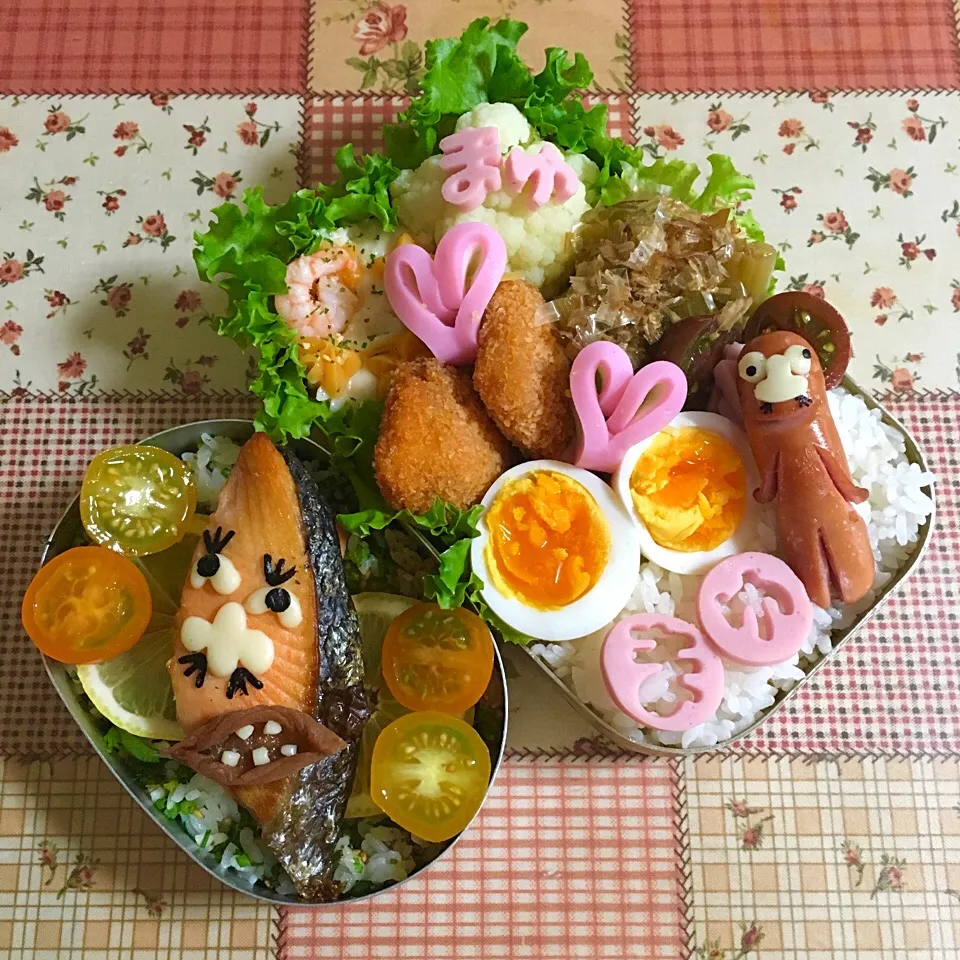 ソーセージ人弁当とシャケ男 on the パクチーライス弁当🍱|＊ゆみしぼり＊さん