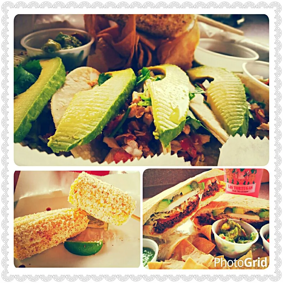 Snapdishの料理写真:Trip to Germantown, Memphis, TN- Fresh tacos, corn and spicy sausage sandwich at Las Turtugas Deli Mexicana.  Two thumbs-up!!! 5-27-2016 Lunch.|Jihollandさん