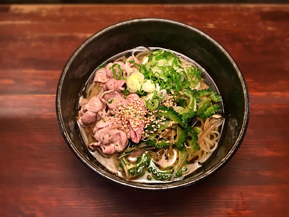 豚しゃぶのせ ゴーヤの薬味和えそうめん1|半田手延べそうめんの店 阿波や壱兆さん