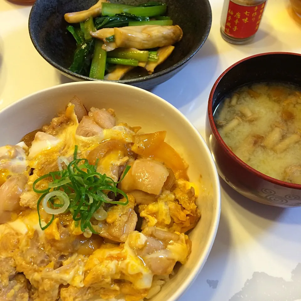 Snapdishの料理写真:❁親子丼
❀小松菜えりんぎのオイスター炒め
✿なめこと豆腐のみそ汁

2016/05/28|ちび太さん