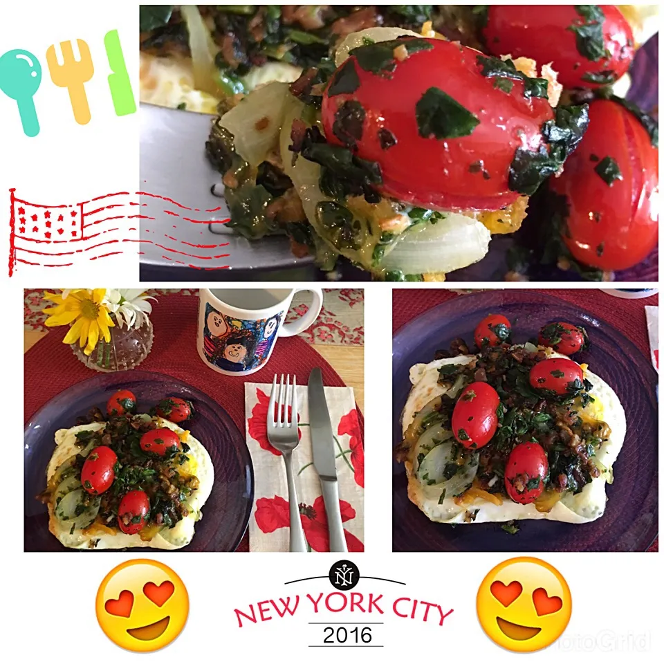 Crumbled bacon spinach egg toast with grape tomatoes😍 delish👍🏼🇺🇸 happy memorial day weekend|🌺IAnneさん