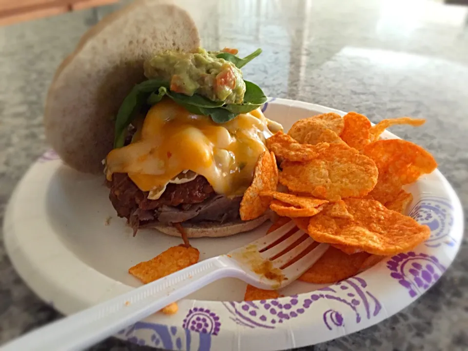 Homemade Southwest Slider - shredded BBQ beef, rotisserie chicken, roast beef, hot sauce, pepper jack cheese and guacamole|robert flickerさん