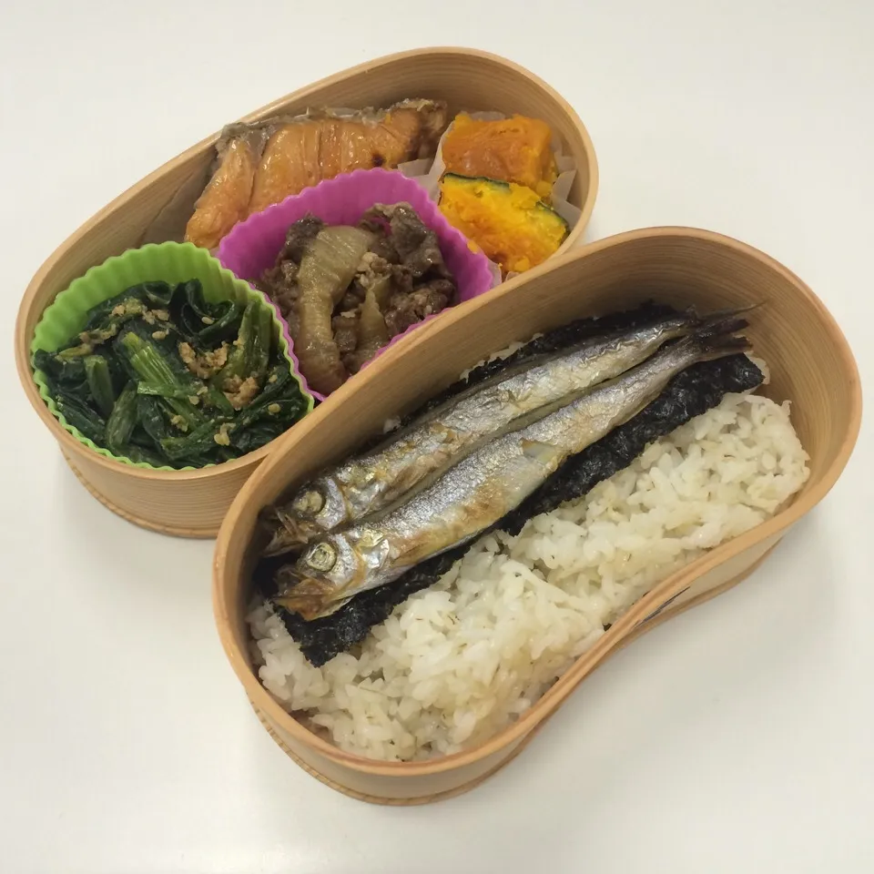 弁当（甘鮭、牛すき風炒め、ほうれん草胡麻和え、かぼちゃ、ししゃも）|SasaMasa213さん