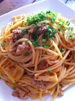 Snapdishの料理写真:jarinko1124さんのビールに合うパスタ！豚キムと淡竹のパスタ #楽天レシピ|楽天レシピさん