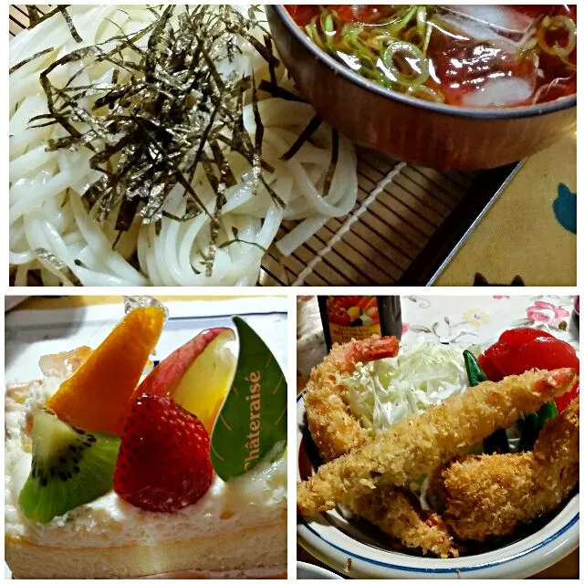 22日おやつ兼昼食に一週間遅れのハピバケーキ夜ざるうどん＆エビフライにキャベツ絶対|こやっこさん