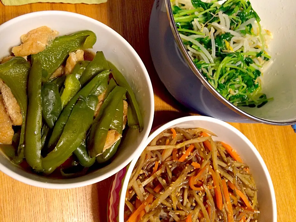 野菜の副菜いろいろ
1️⃣豆苗ともやしのナムル
2️⃣ピーマンと油揚げの煮浸し
3️⃣きんぴらごぼう 糸こんにゃく入り|pigmegさん