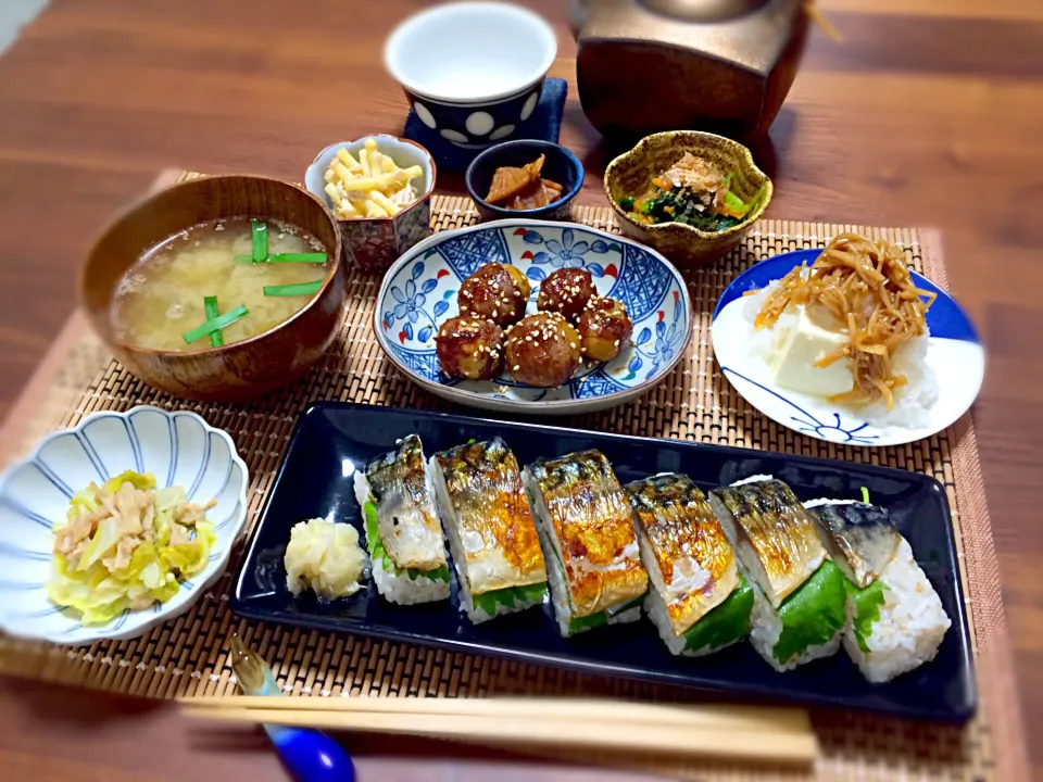 ✔️焼き鯖寿司定食|たぬきち(*☻-☻*)さん