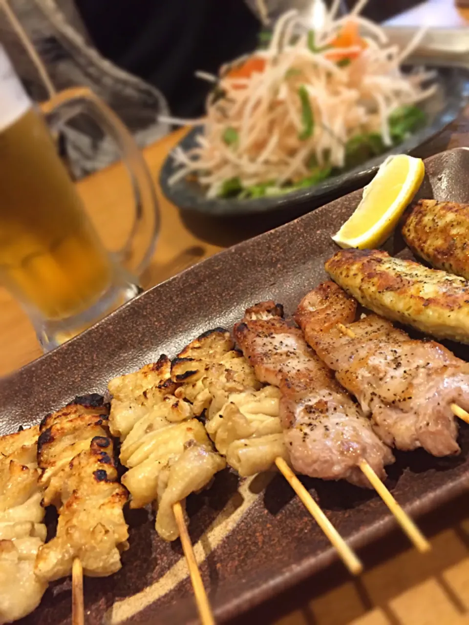 Snapdishの料理写真:居酒屋にて串焼き三種IN浅草|あいさん