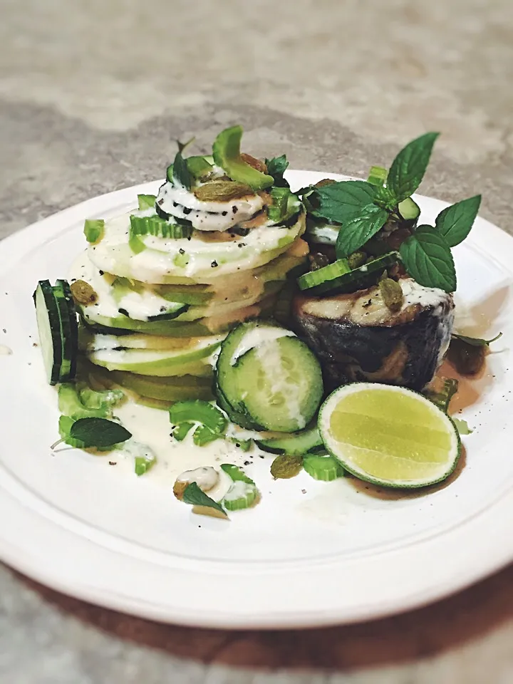 Canned mackerel,apple,cucumber and celery salad with horseradish dressing/鯖缶、リンゴ、キュウリ、セロリのサラダ ホースラディッシュ ドレッシング|rick chanさん