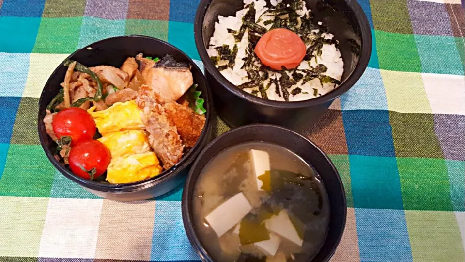 お弁当。ぶり大根と豚ピーマンじゃがいもの味噌甘炒めとトンカツと出し巻きとお味噌汁。|エリカさん