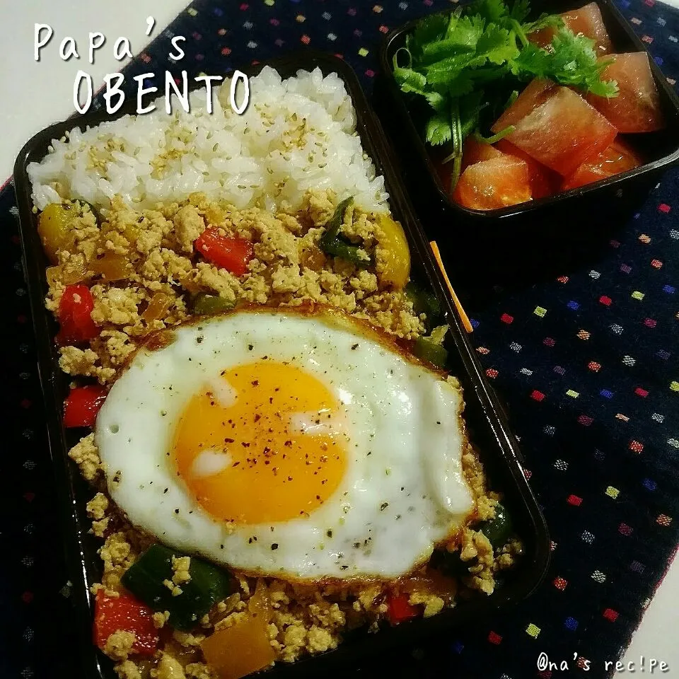 今日のパパ弁は、ガパオ＆トマトとパクチーのサラダ🍱☺
 #obento  #obentou 
 #anasrecipe #Anasrecipe  #snapdish #お弁当  #パパ弁  #phadbaigaprao|Kashimanakitchenさん