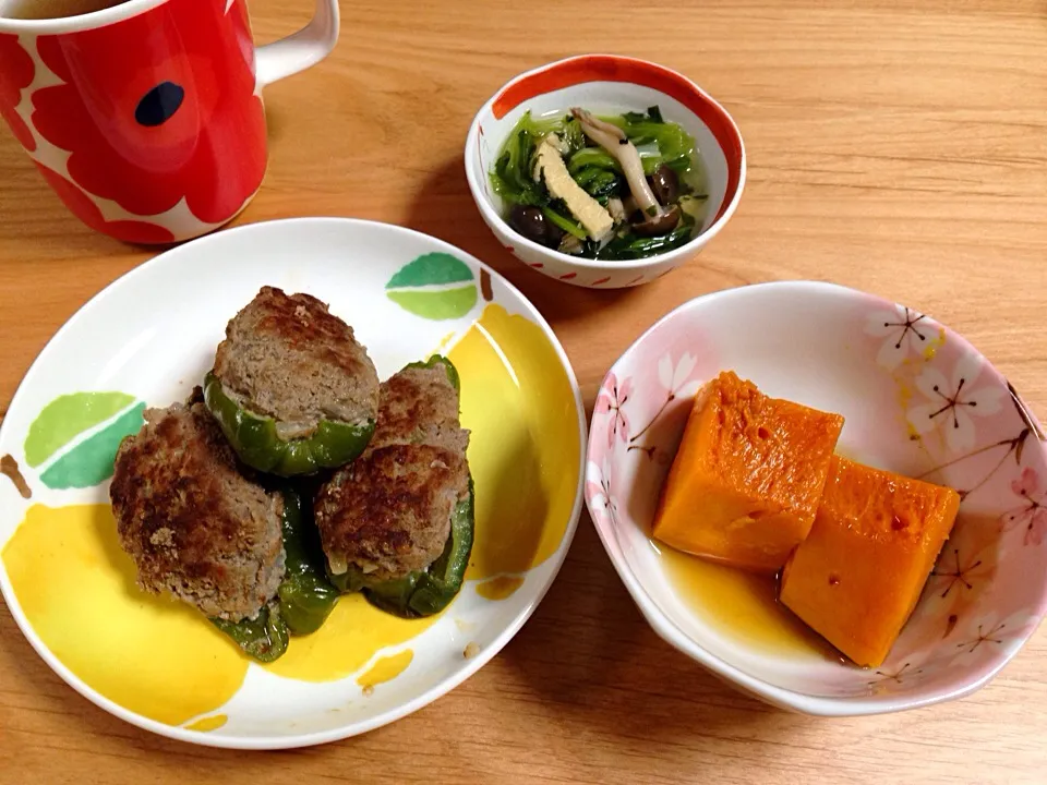 ピーマンの肉詰め⭐️小松菜の煮浸し⭐️かぼちゃの煮物|ほなさん