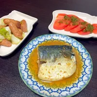 Snapdishの料理写真:今日は鯖の味噌煮とウィンナーのキャベツマスタード炒め、トマトはバジルソースで召し上がれ(♡´艸`)|ミーコさん