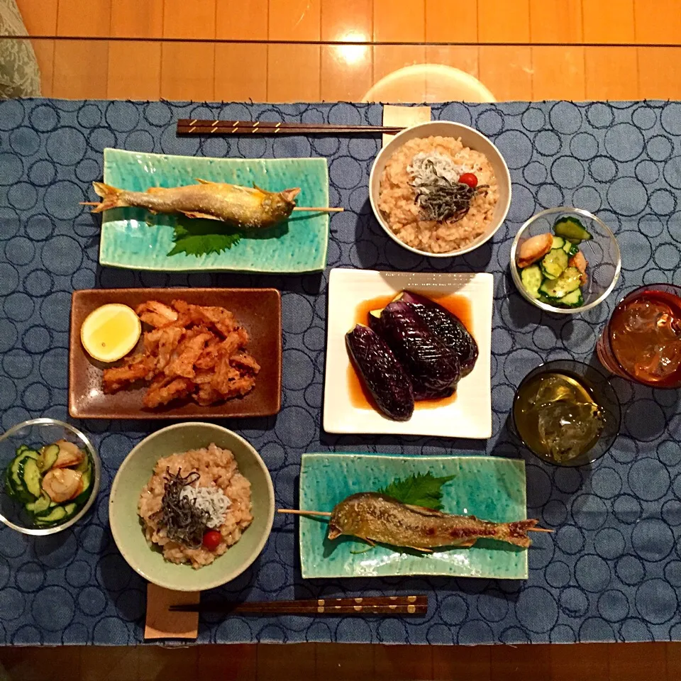 ほうじ茶粥
鮎の塩焼き
胡瓜と帆立の酢の物
やげん軟骨の唐揚げ
揚げ茄子|mapleさん