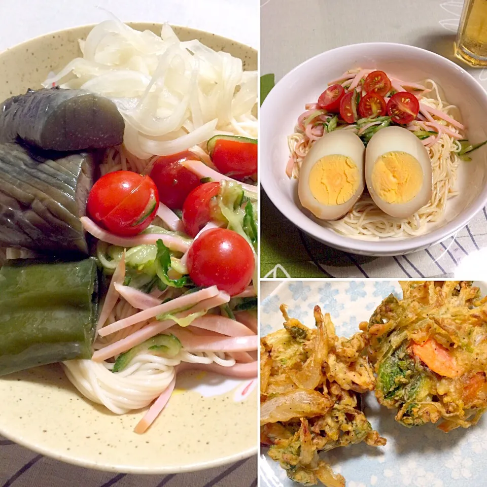 のっけ素麺二種とかき揚げ 胡麻ドレと麺つゆ・まぜまぜして食べるぞぉ😊|tabyさん