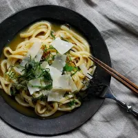 Snapdishの料理写真:『和風パルメザンの釜揚げうどん』|tablierさん