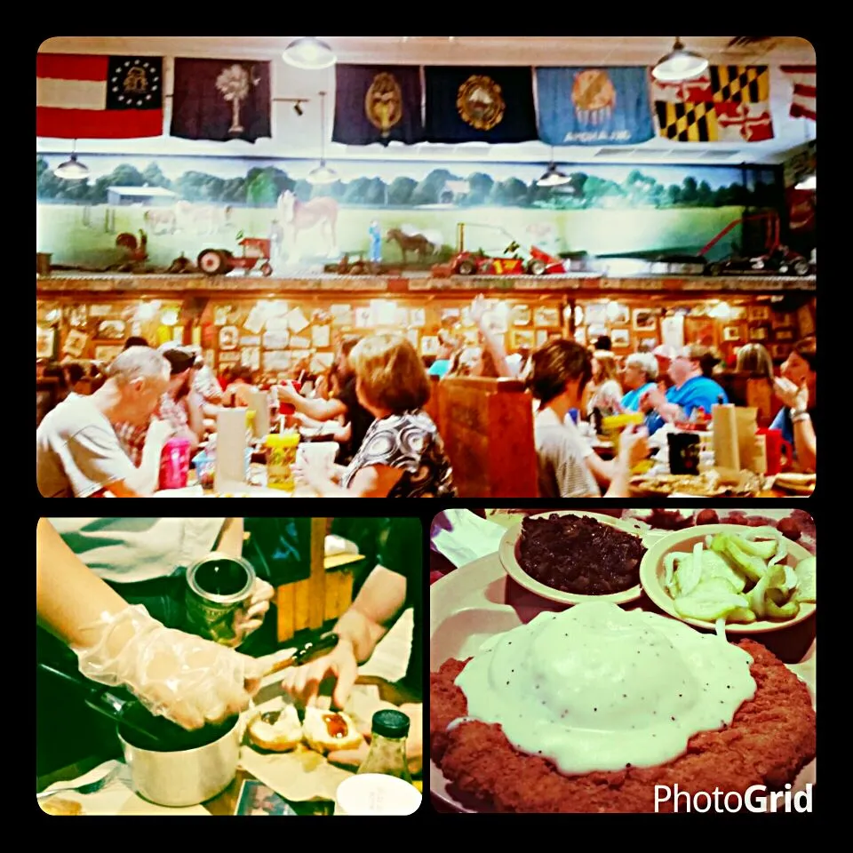 Trip to Lambert ' s Cafe - I ordered Country fried steak with cucumber and onion salad and collard greens.  A waitress also serves yummy Apple butter and Surgum|Jihollandさん