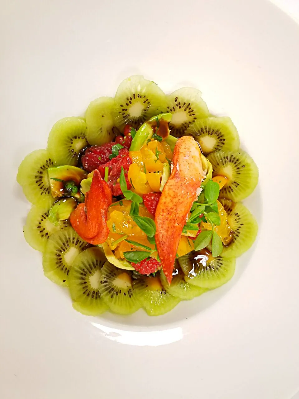 kiwi, raspberry, orange, avocado, lobster, avocado yell tomato and a honey lime dressing|Michael M Schleyerさん