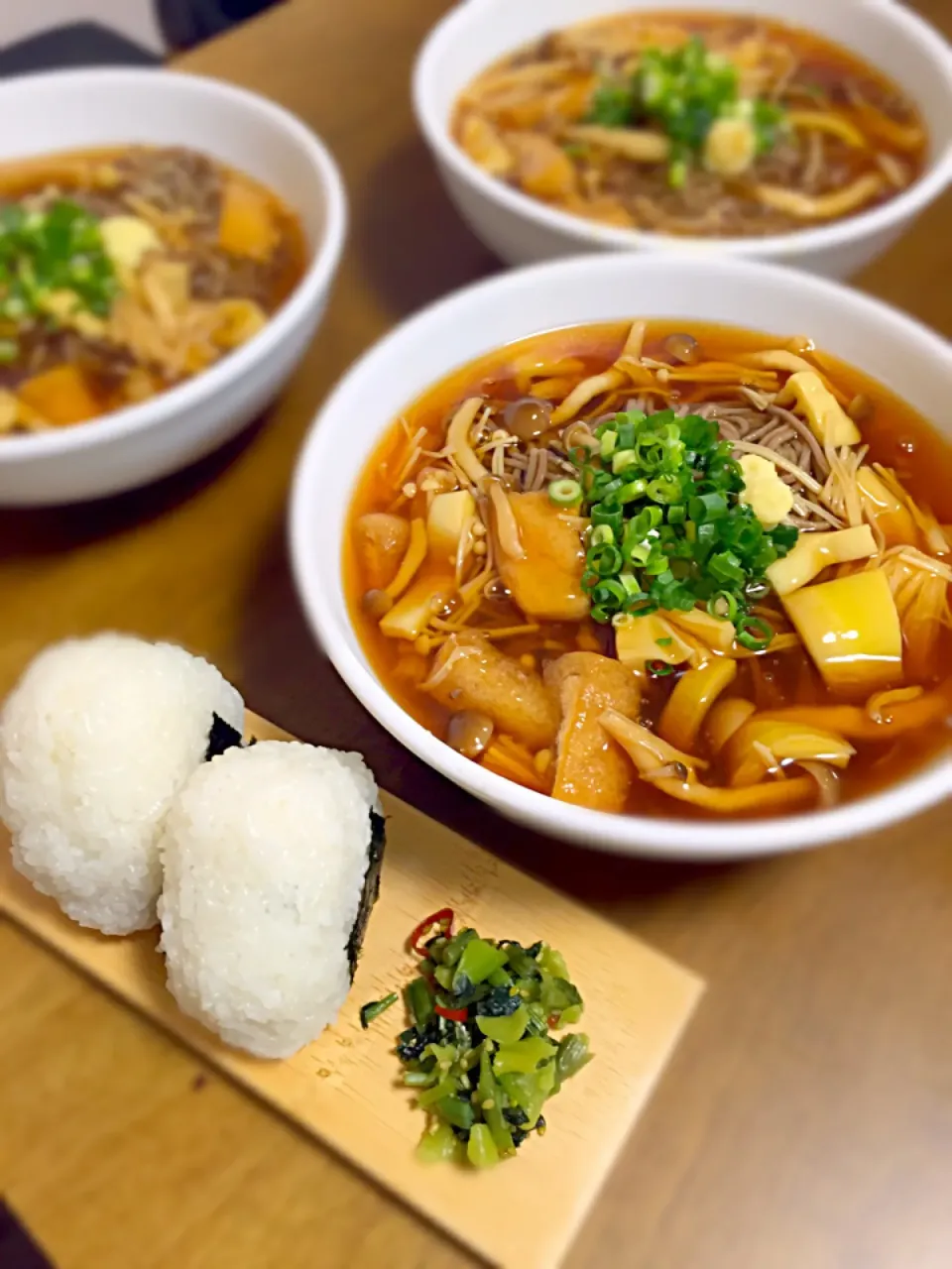 筍とキノコのあんかけ蕎麦&塩むすび|パパパ♪さん