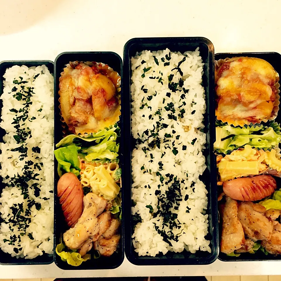 Snapdishの料理写真:お弁当6/7  ジャガイモグラタン、キャベツの塩昆布和え、マカロニサラダ、味付鶏肉|きささん