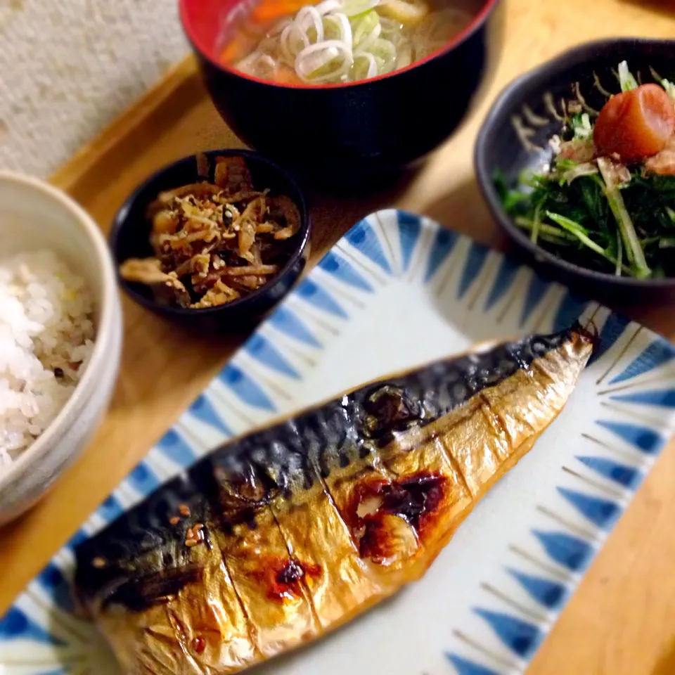 鯖が好き〜💖水菜の梅和えと大根皮の山椒ジャコ風を添えて🐔今日の御御御付けは人参・舞茸・モヤシに油揚げと具沢山♫|こなちゅんさん