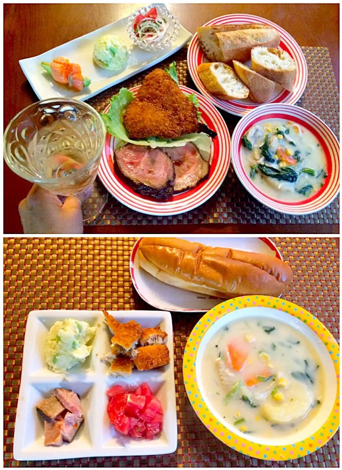 Today's Dinner🍴前菜･ﾛｰｽﾄﾎﾟｰｸ&ｱｼﾞﾌﾗｲ(お惣菜)･ﾎﾜｲﾄｼﾁｭｰ(母作)･ﾌﾗﾝｽﾊﾟﾝ|🌈Ami🍻さん