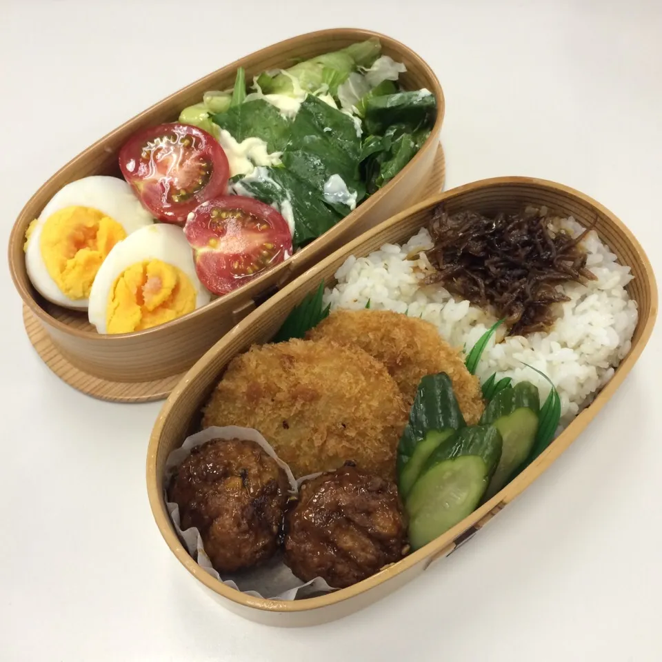 Snapdishの料理写真:弁当（とんかつ、肉団子、いかなご釘煮、胡瓜ぬか漬け、茹で玉子、サラダ）|SasaMasa213さん