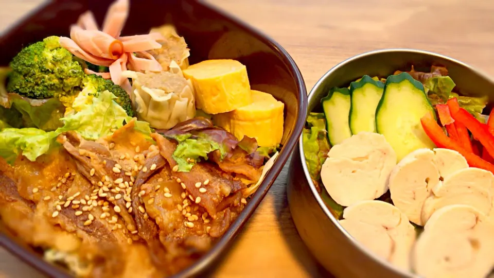 豚丼弁当と鶏ハムサラダ|飛鳥さん