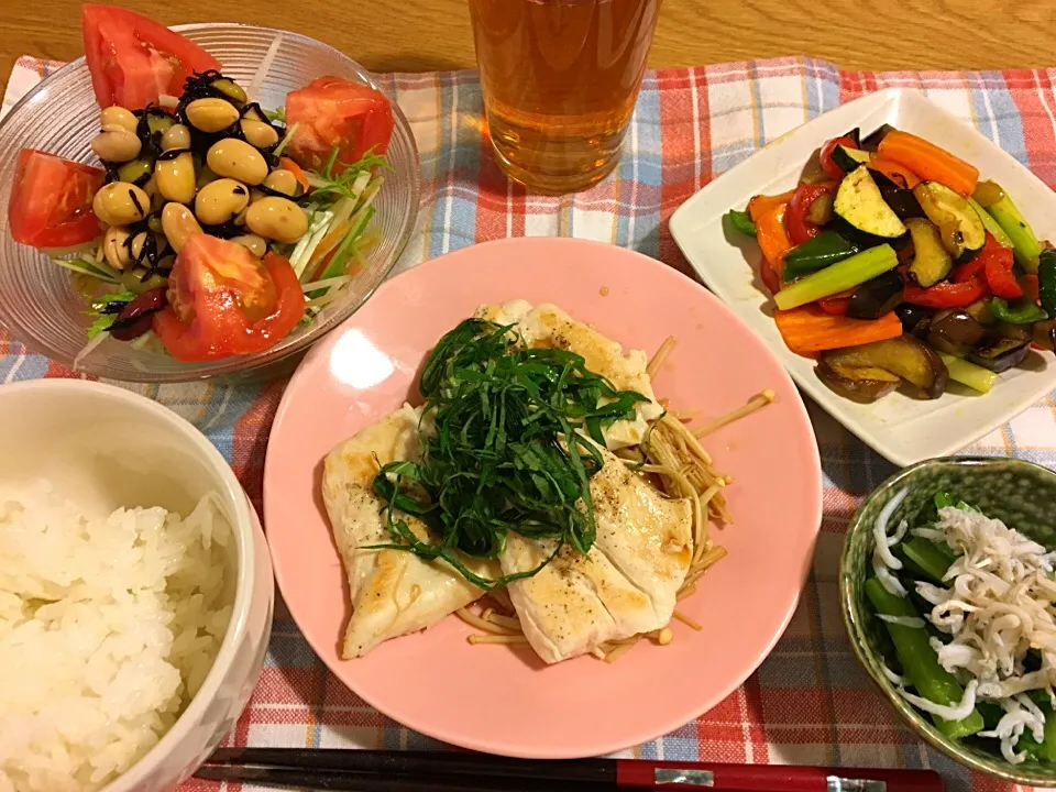 ＊ササミとエノキのポン酢焼き
＊小松菜としらすのおひたし
＊彩り野菜の中華炒め
＊大根と水菜とお豆のサラダ|モケモケさん