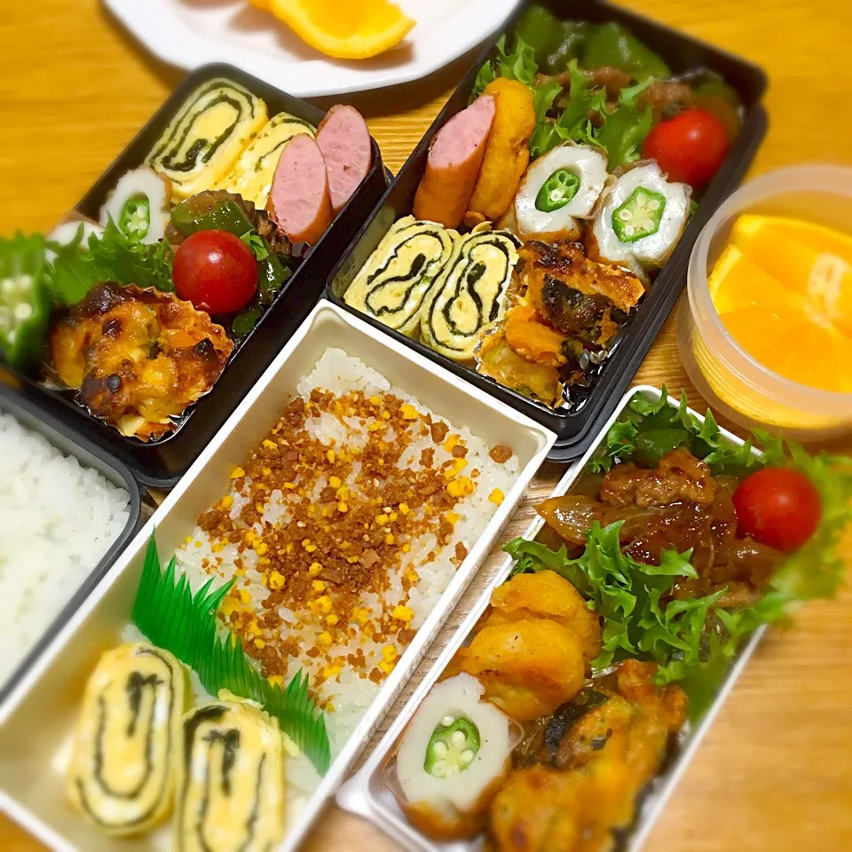 今日のお弁当！2016.6.9
娘弁💕パパ弁💕my弁💕

☂️☂️☂️
オススメはカボチャのマヨチーズ焼き|mayuさん