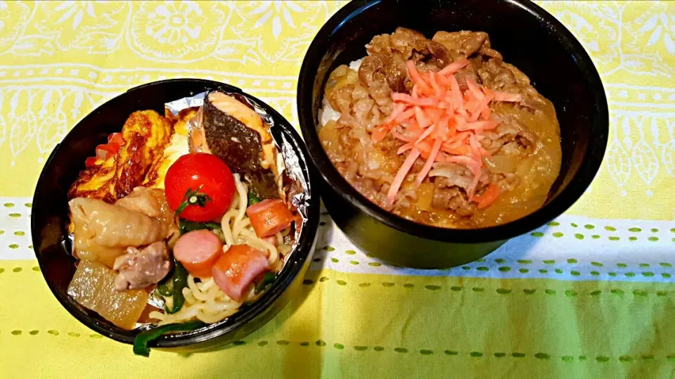 Snapdishの料理写真:お弁当。牛丼と焼き鮭と出し巻きと鶏と大根たいたんと塩焼きそば。|エリカさん