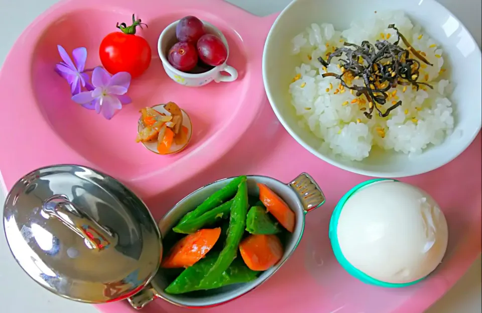 Snapdishの料理写真:👧チビきんぴら&モロッコいんげんな朝🌄ごはん🍚✨|みうのすけさん