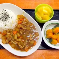 今日のチビ助ごはん
・根菜のカレー
・かぼちゃの煮物
・パイナップル

※カレーは白だしで和風に