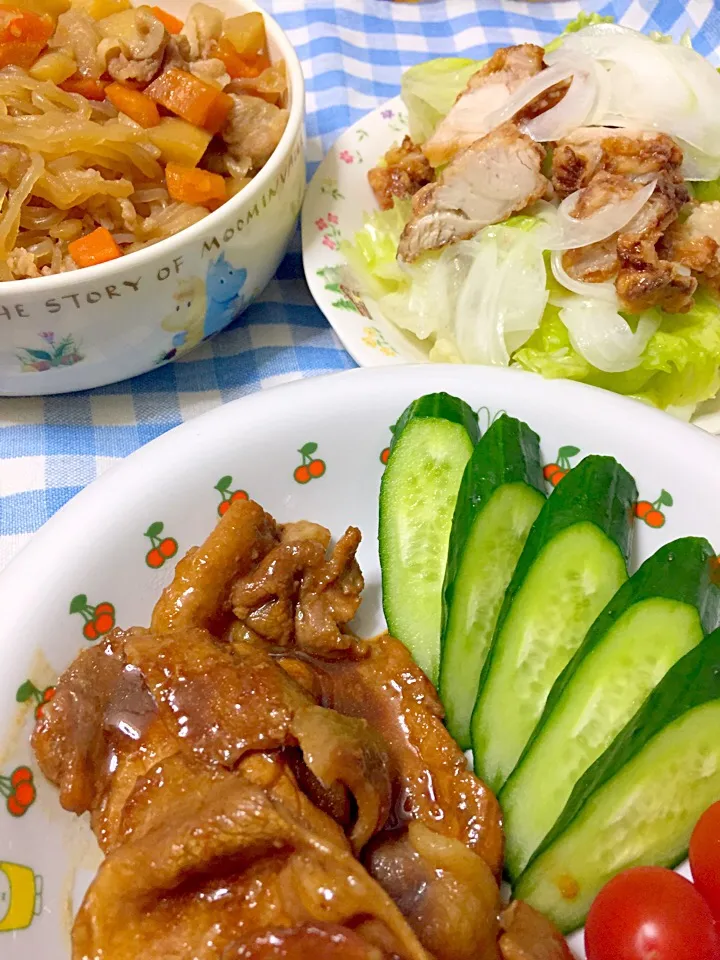 残り物の唐揚げでチキンサラダ🍀
&肉じゃが・生姜焼き🍀|まりんさん