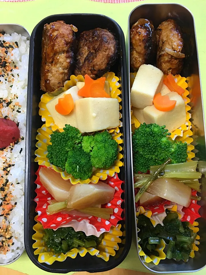 Snapdishの料理写真:ハンバーグ 高野豆腐 ブロッコリー カブ煮物 大根菜炒め弁当。|Kumiko Kimuraさん