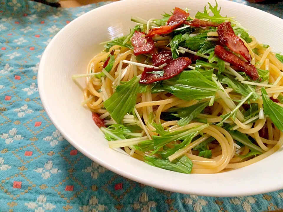 水菜とカリカリベーコンのさっぱりパスタ|ハルさん